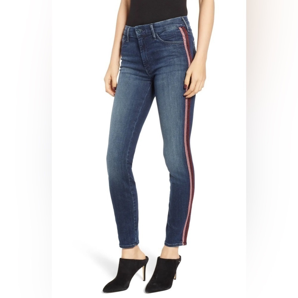 MOTHER High Waisted Looker Here Kitty, Kitty Glitter Racer Stripe Jeans 28